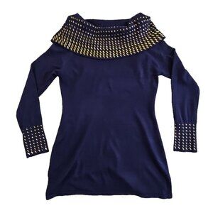 Questions Sweater Women's Size Medium Cowl Neck 3/4 Sleeve Navy Blue Bedazzled
